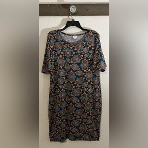 LuLaRoe Julia Midi Dress Blue With Gold/red Design 2XL (preowned)